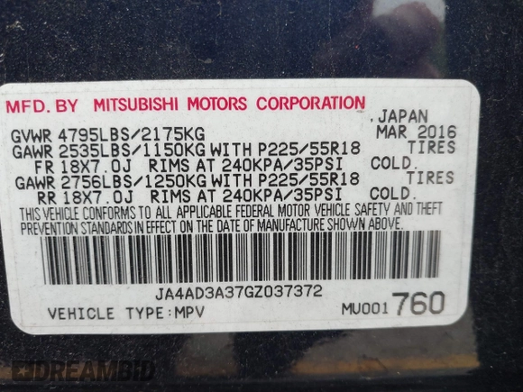 2016 Mitsubishi Outlander SE with VIN JA4AD3A37GZ037372, listed as a IAAI auction lot 42354232 with 188,977 mi miles and . Bid and sale history available at DreamBid. Image 9.