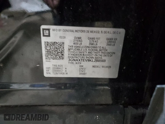 2019 Chevrolet Equinox LT with VIN 3GNAXTEV9KL288569, listed as a Copart auction lot 76034324 with 127,501 mi miles and Salvage Title. Bid and sale history available at DreamBid. Image 13.