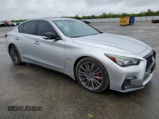 2018 Infiniti Q50 Red Sport 400 with VIN JN1FV7AP7JM461483, listed as a Copart auction lot 49177425 with 115,605 mi miles and Salvage title. Bid and sale history available at DreamBid. Image 4.