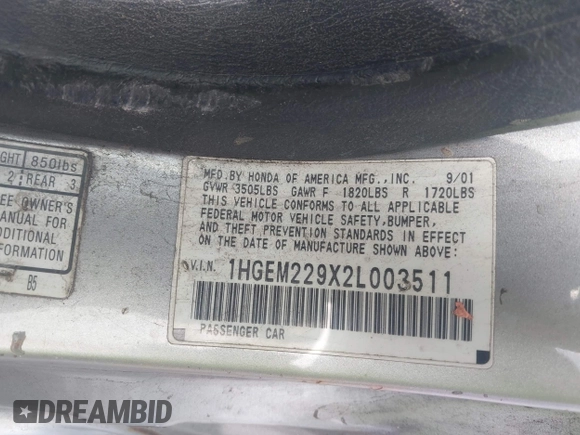 2002 Honda Civic EX with VIN 1HGEM229X2L003511, listed as a IAAI auction lot 42102885 with 146,111 mi miles and . Bid and sale history available at DreamBid. Image 9.
