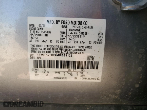 2021 Ford Explorer XLT with VIN 1FMSK7DHXMGB33126, listed as a Copart auction lot 50570655 with 61,894 mi miles and Salvage Title. Bid and sale history available at carsss.com. Image 13.