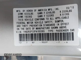 2015 Honda Accord LX with VIN 1HGCR2F32FA190095, listed as a IAAI auction lot 42020063 with 74,340 mi miles. Bid and sale history available at carsss.com. Image 9.