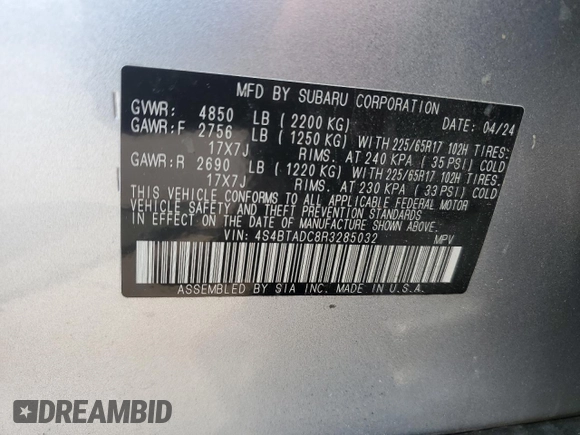 2024 Subaru Outback Premium with VIN 4S4BTADC8R3285032, listed as a Copart auction lot 60518295 with 22,204 mi miles and Salvage title. Bid and sale history available at DreamBid. Image 13.
