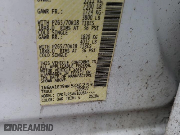 2017 Nissan Titan S with VIN 1N6AA1EJ9HN506253, listed as a Copart auction lot 85048914 with 256,158 mi miles and Salvage Title. Bid and sale history available at carsss.com. Image 14.
