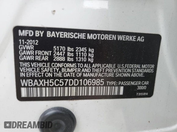2013 BMW 5 Series 528i xDrive z VIN WBAXH5C57DD106985, wystawiony jako Copart lot #53888225 z przebiegiem 134 685 mil mil oraz Szkoda całkowita • Salvage title. Historia ofert i sprzedaży dostępna na DreamBid. Obrazek 12.