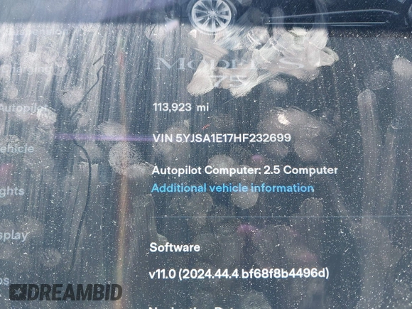 2017 Tesla Model S 60 with VIN 5YJSA1E17HF232699, listed as a IAAI auction lot 42327539 with 113,923 mi miles and . Bid and sale history available at DreamBid. Image 7.