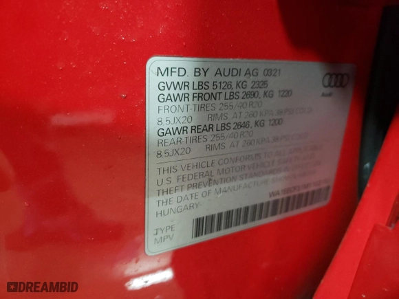 2021 Audi Q3 S line Premium Plus with VIN WA1EECF31M1102153, listed as a Copart auction lot 48142425 with 41,096 mi miles and Salvage Title. Bid and sale history available at carsss.com. Image 12.