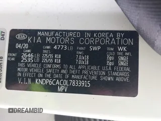 2020 Kia Sportage S with VIN KNDP6CAC0L7833915, listed as a IAAI auction lot 41940692 with 55,005 mi miles. Bid and sale history available at carsss.com. Image 9.