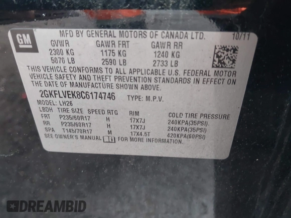 2012 GMC Terrain SLT-1 с VIN 2GKFLVEK8C6174746, выставлен на аукционе IAAI как лот 42362799 с пробегом 189 786 миль миль и . История ставок и продаж доступна на DreamBid. Изображение 9.