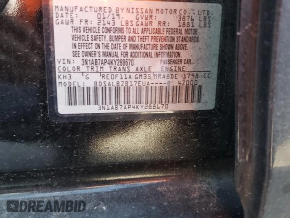 2019 Nissan Sentra S with VIN 3N1AB7AP4KY288670, listed as a Copart auction lot 49051395 with 96,893 mi miles and Salvage Title. Bid and sale history available at DreamBid. Image 13.