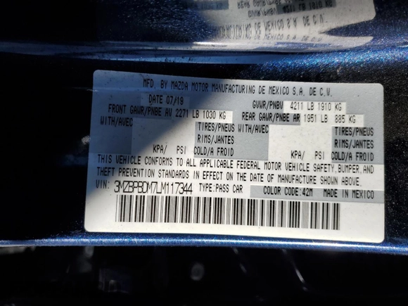 2020 Mazda 3 Preferred with VIN 3MZBPBDM7LM117344, listed as a Copart auction lot 72529862 with 27,792 mi miles and . Bid and sale history available at DreamBid. Image 12.