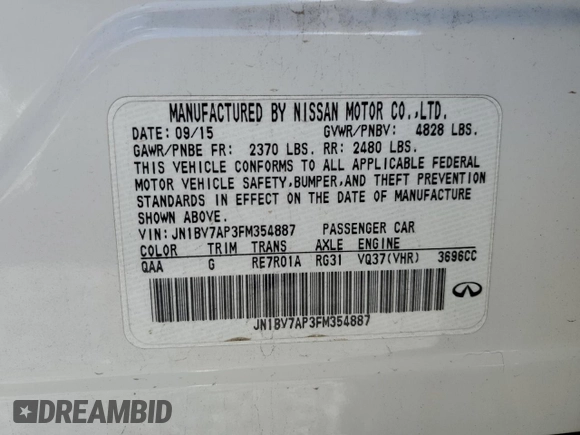 2015 Infiniti Q50 Premium with VIN JN1BV7AP3FM354887, listed as a Copart auction lot 51200705 with 127,646 mi miles and Salvage Title. Bid and sale history available at DreamBid. Image 13.