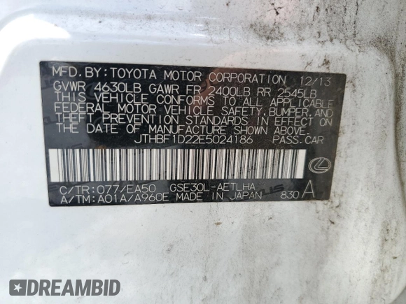 2014 Lexus IS 250 with VIN JTHBF1D22E5024186, listed as a Copart auction lot 61187265 with 261,266 mi miles and Salvage title. Bid and sale history available at DreamBid. Image 12.