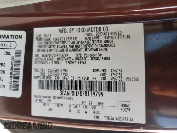 2015 Ford Fusion SE with VIN 3FA6P0H70FR119799, listed as a Copart auction lot 62278815 with 266,826 mi miles and Salvage title. Bid and sale history available at DreamBid. Image 12.