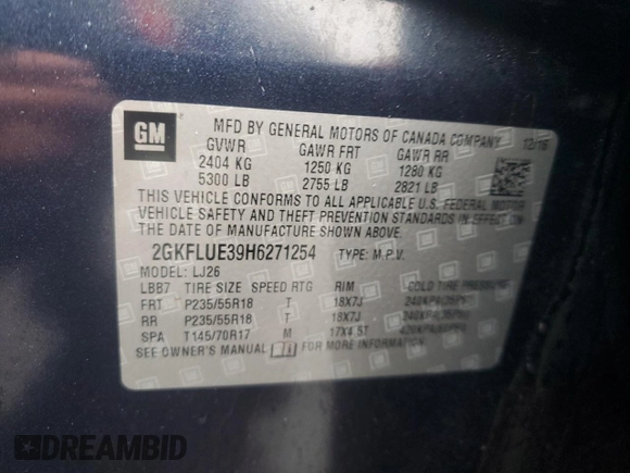 2017 GMC Terrain SLT with VIN 2GKFLUE39H6271254, listed as a Copart auction lot 52797075 with 89,598 mi miles and Salvage Title. Bid and sale history available at DreamBid. Image 13.