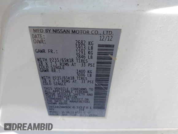 2013 Nissan Pathfinder S with VIN 5N1AR2MM9DC630781, listed as a IAAI auction lot 42170854 with 200,298 mi miles. Bid and sale history available at carsss.com. Image 9.