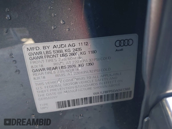 2013 Audi Q5 Premium Plus with VIN WA1LFBFP5DA041388, listed as a IAAI auction lot 41218589 with 82,258 mi miles. Bid and sale history available at carsss.com. Image 9.