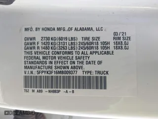 2021 Honda Ridgeline Sport with VIN 5FPYK3F16MB009377, listed as a IAAI auction lot 41130817 with 73,838 mi miles. Bid and sale history available at carsss.com. Image 9.