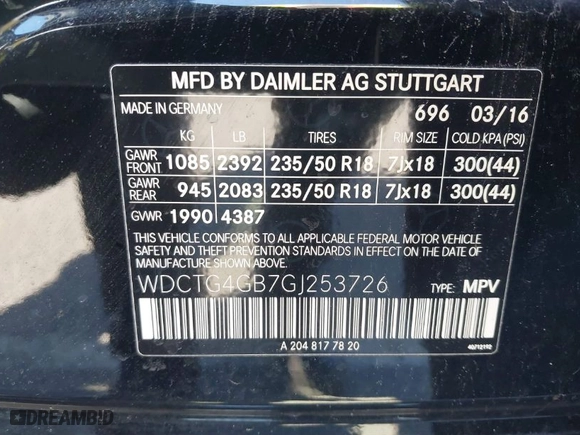 2016 Mercedes-Benz GLA with VIN WDCTG4GB7GJ253726, listed as a IAAI auction lot 41866047 with 155,868 mi miles. Bid and sale history available at carsss.com. Image 9.