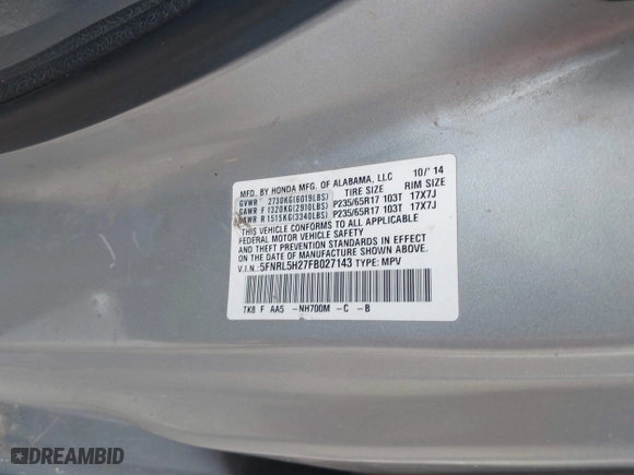 2015 Honda Odyssey LX with VIN 5FNRL5H27FB027143, listed as a IAAI auction lot 41239939 with 125,732 mi miles. Bid and sale history available at carsss.com. Image 9.