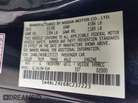 2008 Nissan Altima 3.5 SE with VIN 1N4BL24E68C237223, listed as a IAAI auction lot 41951855 with 134,502 mi miles. Bid and sale history available at carsss.com. Image 9.