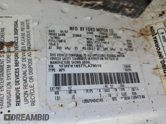 2007 Ford Expedition Max Eddie Bauer with VIN 1FMFK18577LA79018, listed as a Copart auction lot 69244794 with Not Provided miles and Salvage Title. Bid and sale history available at DreamBid. Image 13.
