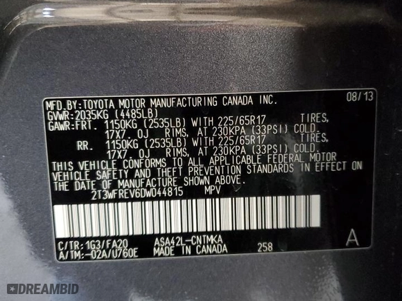 2013 Toyota RAV4 XLE with VIN 2T3WFREV6DW044815, listed as a Copart auction lot 42824895 with 125,093 mi miles and Salvage Title. Bid and sale history available at carsss.com. Image 13.