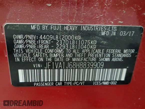 2017 Subaru WRX Limited с VIN JF1VA1J68H8839909, выставлен на аукционе Copart как лот 60354755 с пробегом 79 325 миль миль и Чистый • Clean title. История ставок и продаж доступна на DreamBid. Изображение 12.