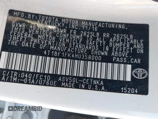 2017 Toyota Camry XLE z VIN 4T1BF1FK4HU358000, wystawiony jako IAAI lot #41692344 z przebiegiem Nie podano mil oraz . Historia ofert i sprzedaży dostępna na DreamBid. Obrazek 9.