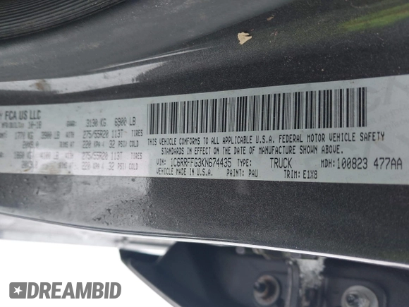 2019 Ram 1500 Big Horn/Lone Star with VIN 1C6RRFFG3KN674435, listed as a IAAI auction lot 41618523 with 89,983 mi miles. Bid and sale history available at carsss.com. Image 9.