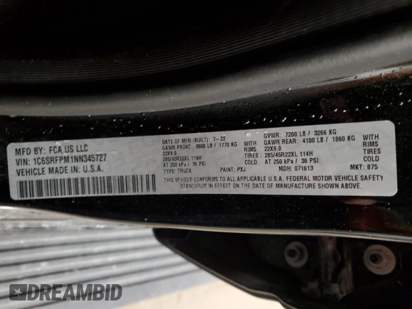 2022 Ram 1500 with VIN 1C6SRFPM1NN345727, listed as a Copart auction lot 79448554 with 41,775 mi miles and Salvage title. Bid and sale history available at DreamBid. Image 12.