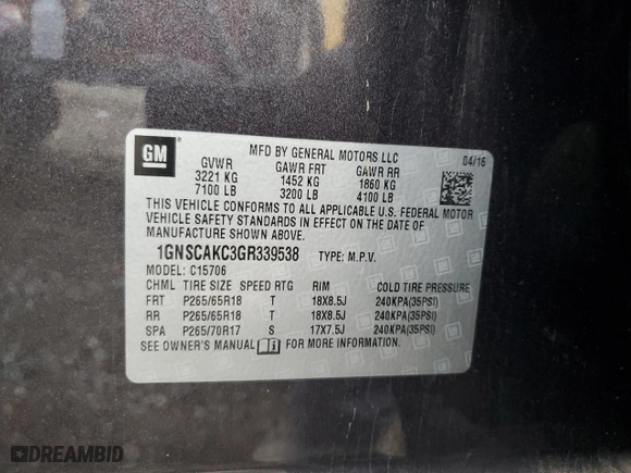 2016 Chevrolet Tahoe LS with VIN 1GNSCAKC3GR339538, listed as a Copart auction lot 43425595 with 105,193 mi miles and Salvage Title. Bid and sale history available at carsss.com. Image 15.