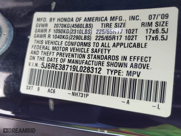 2009 Honda CR-V EX-L with VIN 5J6RE38719L028312, listed as a IAAI auction lot 41783546 with 206,745 mi miles. Bid and sale history available at carsss.com. Image 9.