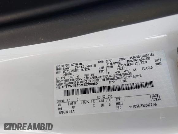2021 Ford F-250 XL with VIN 1FT7W2BT5MEC88980, listed as a IAAI auction lot 42451048 with 89,311 mi miles and . Bid and sale history available at DreamBid. Image 9.