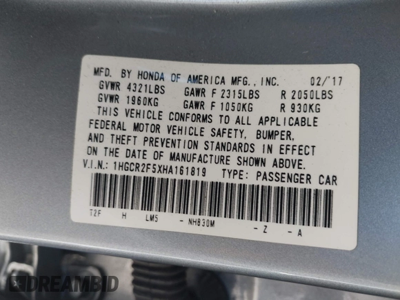 2017 Honda Accord Sedan Sport with VIN 1HGCR2F5XHA161819, listed as a IAAI auction lot 41798195 with 25,837 mi miles. Bid and sale history available at carsss.com. Image 9.