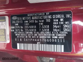 2016 Kia Sorento EX with VIN 5XYPH4A57GG096111, listed as a IAAI auction lot 41565627 with 50,472 mi miles. Bid and sale history available at carsss.com. Image 9.