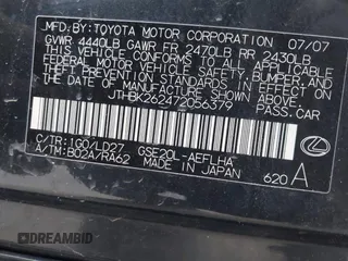 2007 Lexus IS with VIN JTHBK262472056379, listed as a IAAI auction lot 41144538 with 244,693 mi miles. Bid and sale history available at carsss.com. Image 9.
