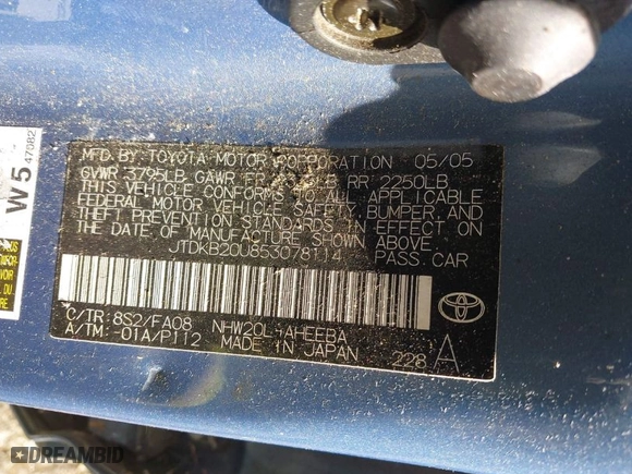 2005 Toyota Prius with VIN JTDKB20U853078114, listed as a IAAI auction lot 41783200 with 1 mi miles. Bid and sale history available at carsss.com. Image 8.