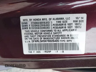 2015 Honda Odyssey Touring Elite with VIN 5FNRL5H9XFB026405, listed as a IAAI auction lot 41780562 with 134,897 mi miles and . Bid and sale history available at DreamBid. Image 9.