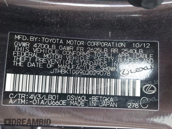 2013 Lexus ES 4dr Sdn with VIN JTHBK1GG9D2029078, listed as a IAAI auction lot 41970085 with 130,898 mi miles. Bid and sale history available at carsss.com. Image 9.