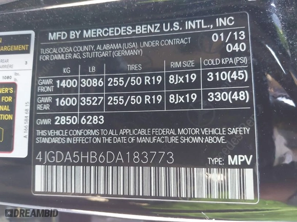 2013 Mercedes-Benz M-Class ML 350 with VIN 4JGDA5HB6DA183773, listed as a IAAI auction lot 41843086 with 139,302 mi miles. Bid and sale history available at carsss.com. Image 9.