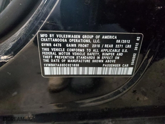 2013 Volkswagen Passat SE w/Sunroof & Nav with VIN 1VWBH7A33DC021638, listed as a Copart auction lot 84087304 with 137,621 mi miles and Salvage Title. Bid and sale history available at carsss.com. Image 12.