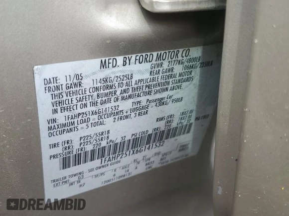 2006 Ford Five Hundred Limited with VIN 1FAHP251X6G141532, listed as a Copart auction lot 54269725 with 116,448 mi miles and Clean title. Bid and sale history available at DreamBid. Image 13.