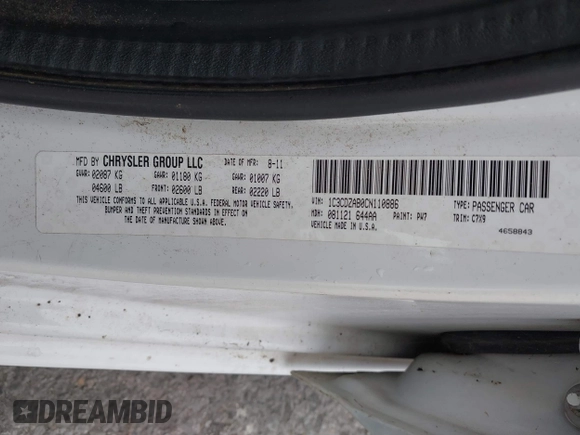 2012 Dodge Avenger SE with VIN 1C3CDZAB0CN110886, listed as a IAAI auction lot 41169873 with Not Provided miles and . Bid and sale history available at DreamBid. Image 9.