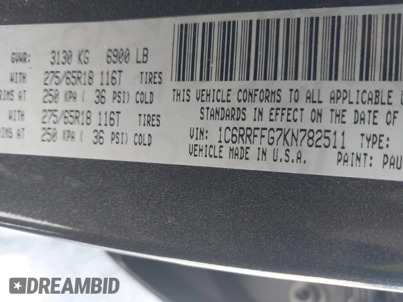 2019 Ram 1500 Big Horn/Lone Star with VIN 1C6RRFFG7KN782511, listed as a IAAI auction lot 42040822 with 156,310 mi miles. Bid and sale history available at carsss.com. Image 9.
