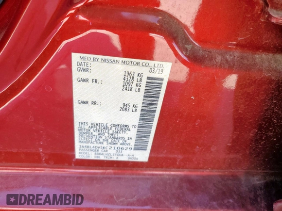 2019 Nissan Altima 2.5 SV with VIN 1N4BL4DV5KC210629, listed as a Copart auction lot 49898415 with 34,485 mi miles and Salvage Title. Bid and sale history available at carsss.com. Image 14.