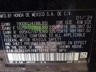 2024 Honda HR-V Sport with VIN 3CZRZ1H57RM738742, listed as a IAAI auction lot 41905834 with 15,487 mi miles and . Bid and sale history available at DreamBid. Image 9.