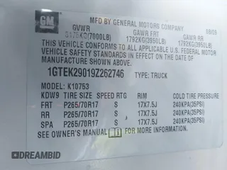 2009 GMC Sierra 1500 SLE z VIN 1GTEK29019Z262746, wystawiony jako IAAI lot #42262860 z przebiegiem 224 892 mil mil oraz . Historia ofert i sprzedaży dostępna na DreamBid. Obrazek 9.