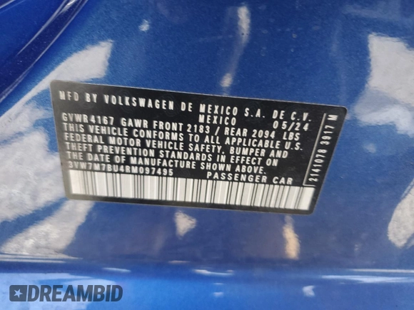 2024 Volkswagen Jetta SE z VIN 3VW7M7BU4RM097495, wystawiony jako Copart lot #56818645 z przebiegiem 6 762 mil mil oraz Szkoda całkowita • Salvage title. Historia ofert i sprzedaży dostępna na DreamBid. Obrazek 12.