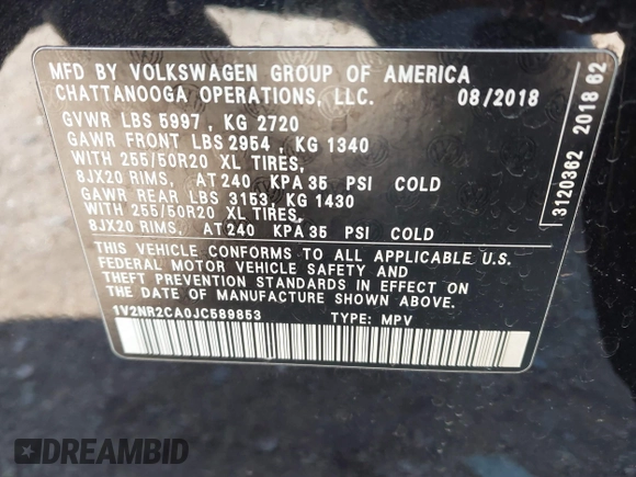 2018 Volkswagen Atlas SEL Premium with VIN 1V2NR2CA0JC589853, listed as a IAAI auction lot 41399169 with 103,513 mi miles and . Bid and sale history available at DreamBid. Image 7.